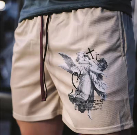 Y2K Christian Angel Cross Print Gym Shorts for Men