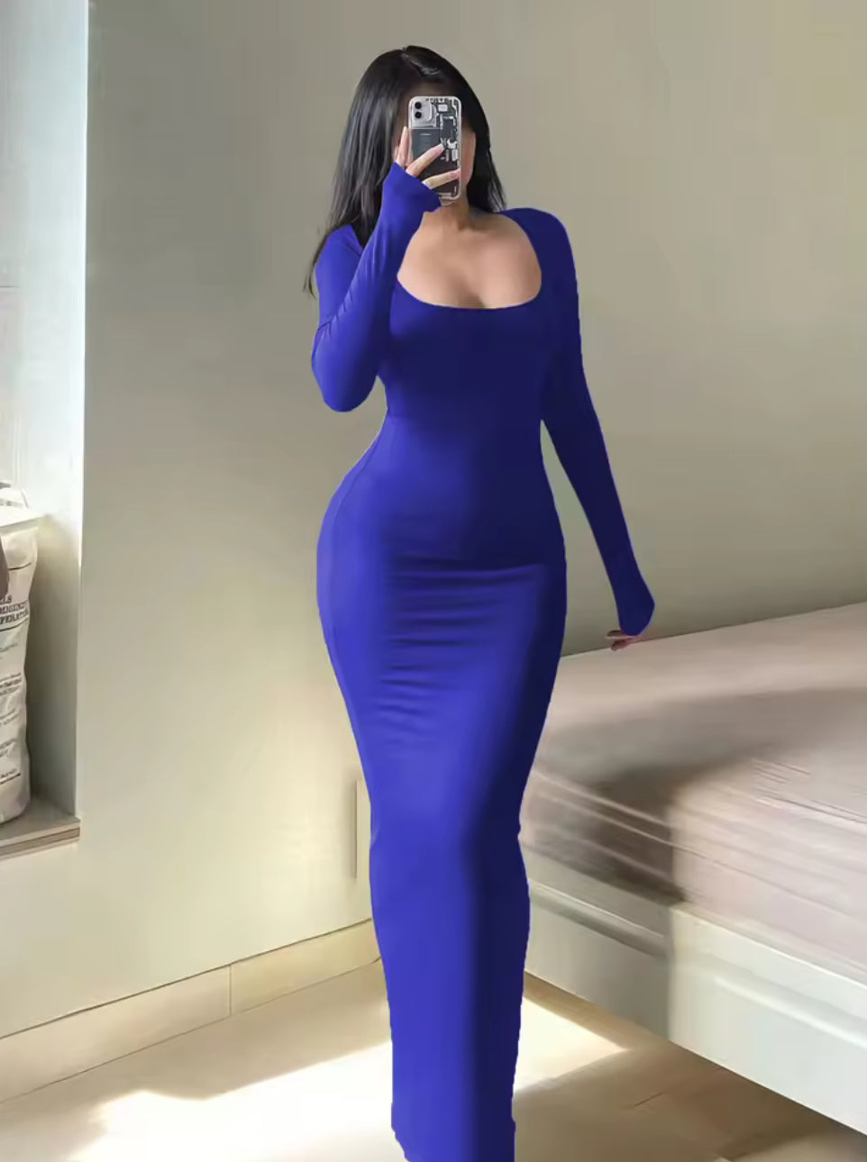 Women's Solid Long Sleeve Bodycon Dress, Chic Basic Minimalist Causual Fashion Scoop Neck Long Dress, Womenswear