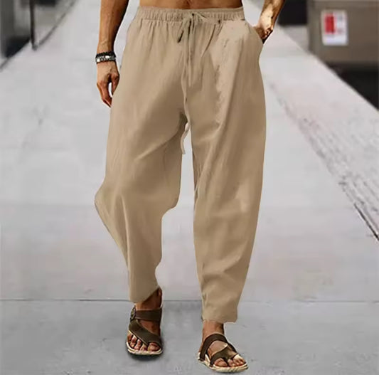 New Men Cotton Linen Pants Summer and Autumn Solid