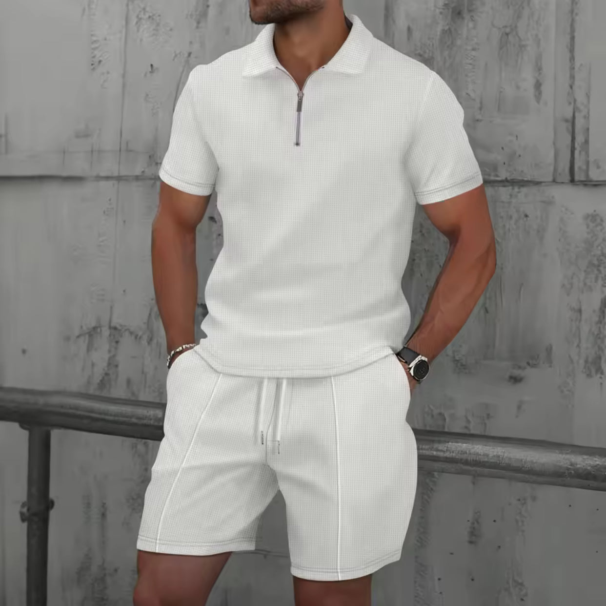 Men Europe and the United States new summer Waffle solid color zip-up lapel short-sleeve suit shorts two sets