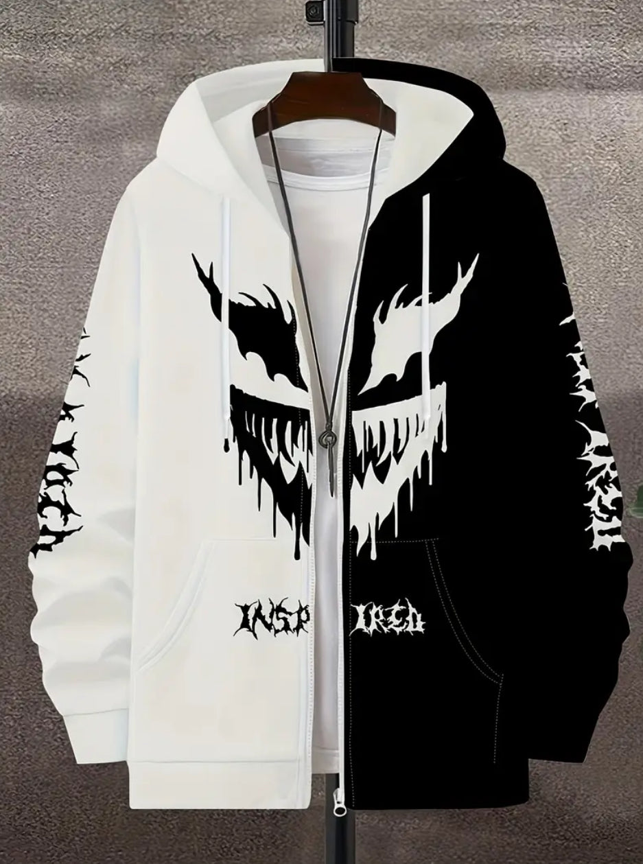 Men's Black & White Color-Block Zip-Up Hooded Jacket