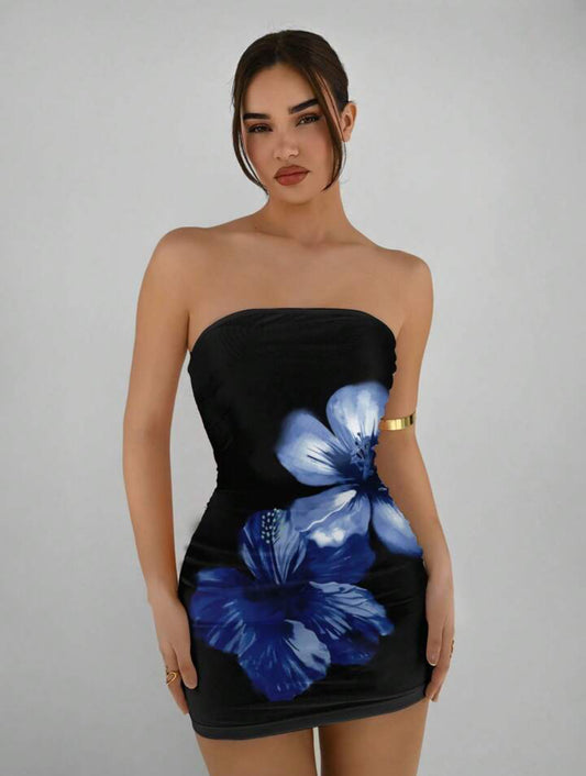 Aloruh Women's Casual Strapless Fitted Mini Graphic Dress