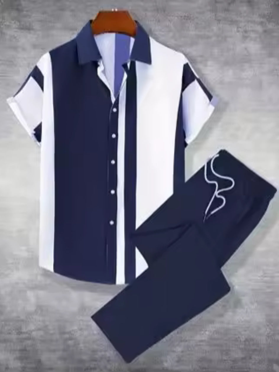 2-Piece Printed Men's Summer Short-Sleeved Button-Down
Shirt and Pants Set