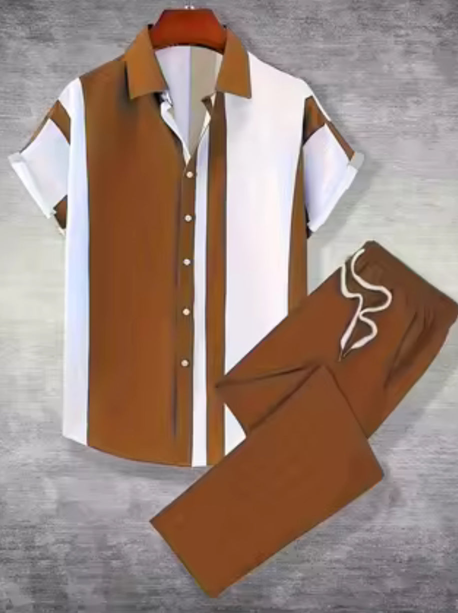 2-Piece Printed Men's Summer Short-Sleeved Button-Down
Shirt and Pants Set