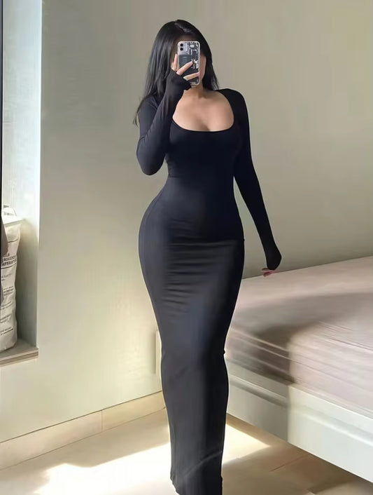 Women's Solid Long Sleeve Bodycon Dress, Chic Basic Minimalist Causual Fashion Scoop Neck Long Dress, Womenswear