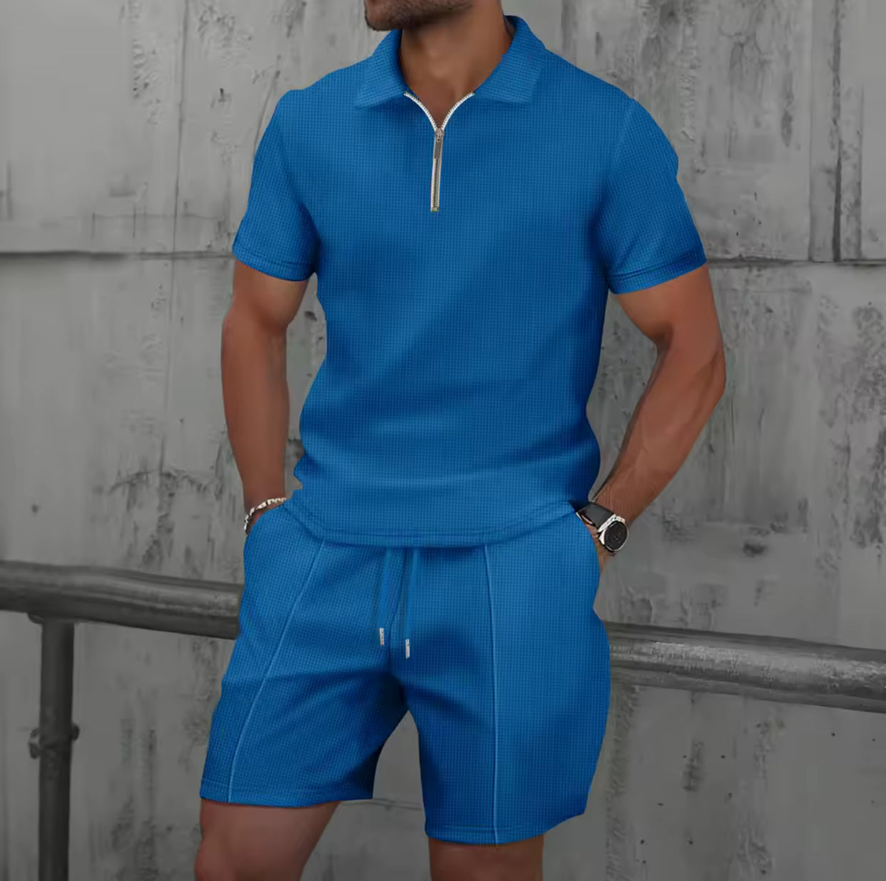 Men Europe and the United States new summer Waffle solid color zip-up lapel short-sleeve suit shorts two sets