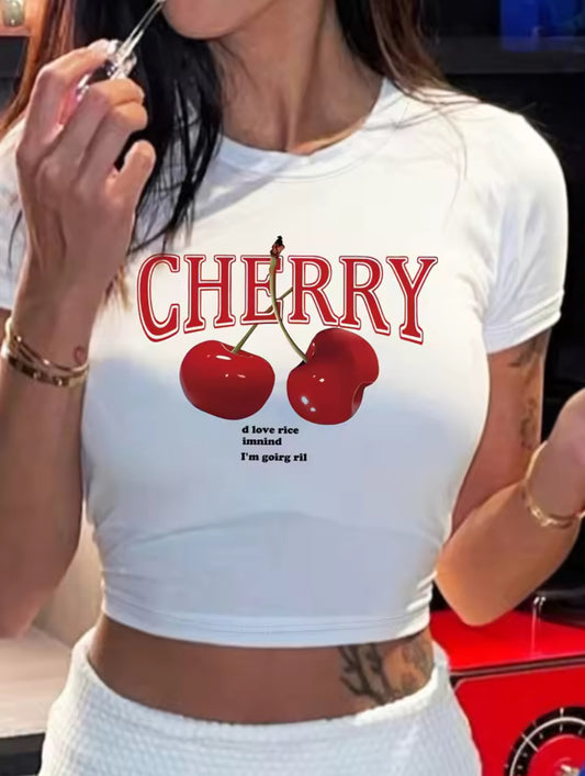 Cherry Print Crew Neck Crop T-shirt