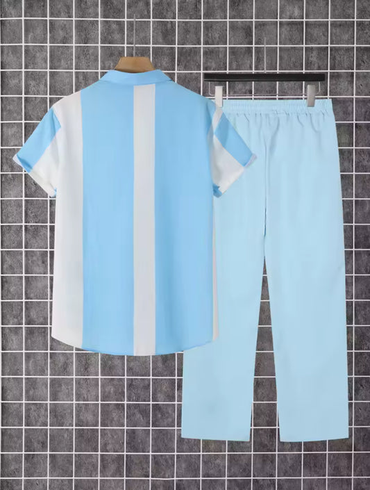 2-Piece Printed Men's Summer Short-Sleeved Button-Down
Shirt and Pants Set