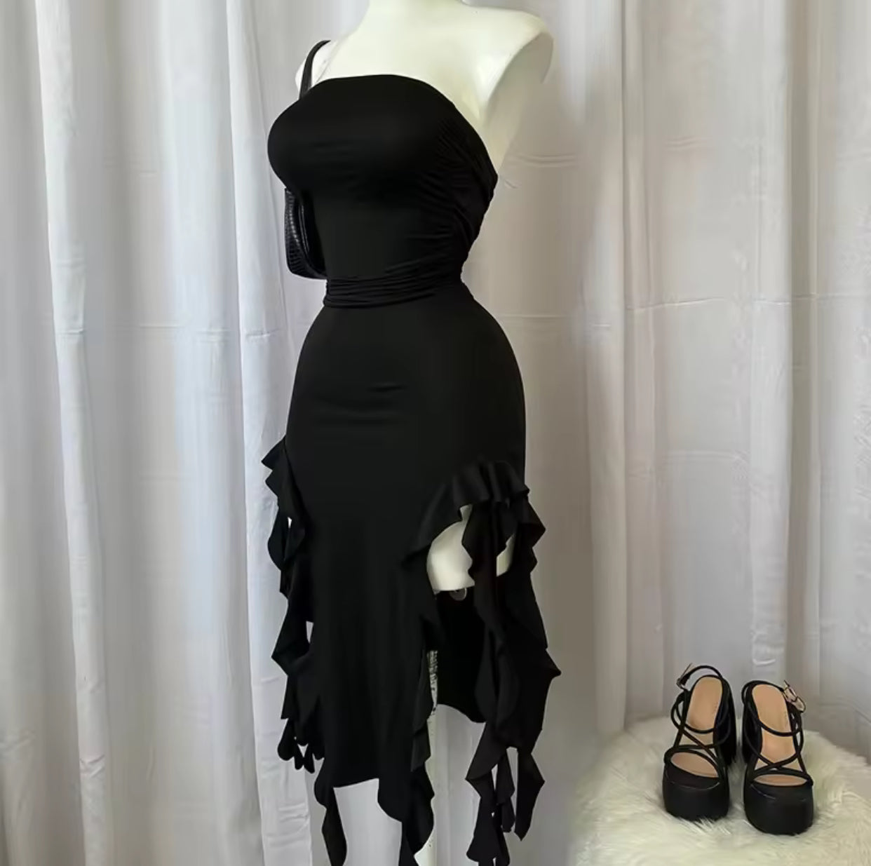 Women Strapless Sexy Floral Fold Hemline High Slit Mini Dress 2024 Solid Backless Sleeveless Black And Pink Party Dress Vestidos