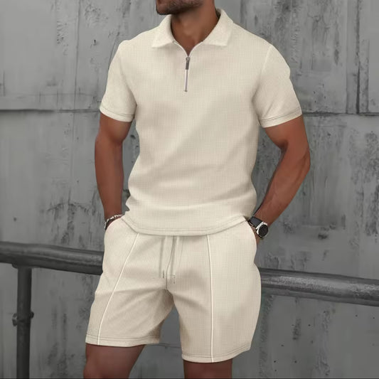 Men Europe and the United States new summer Waffle solid color zip-up lapel short-sleeve suit shorts two sets
