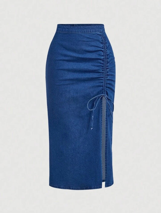 Women's Solid Color Casual Drawstring Denim Skirt